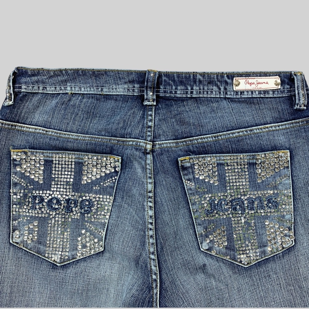 Pepe Jeans Womens 16 (32x32) Blue Bootcut Flare Bling Bedazzled Union Jack Y2K - Picture 2 of 10
